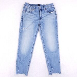 GAP Denim Girlfriend Jeans Womens 6/28 Light Wash Distressed Frayed Hem Stretch